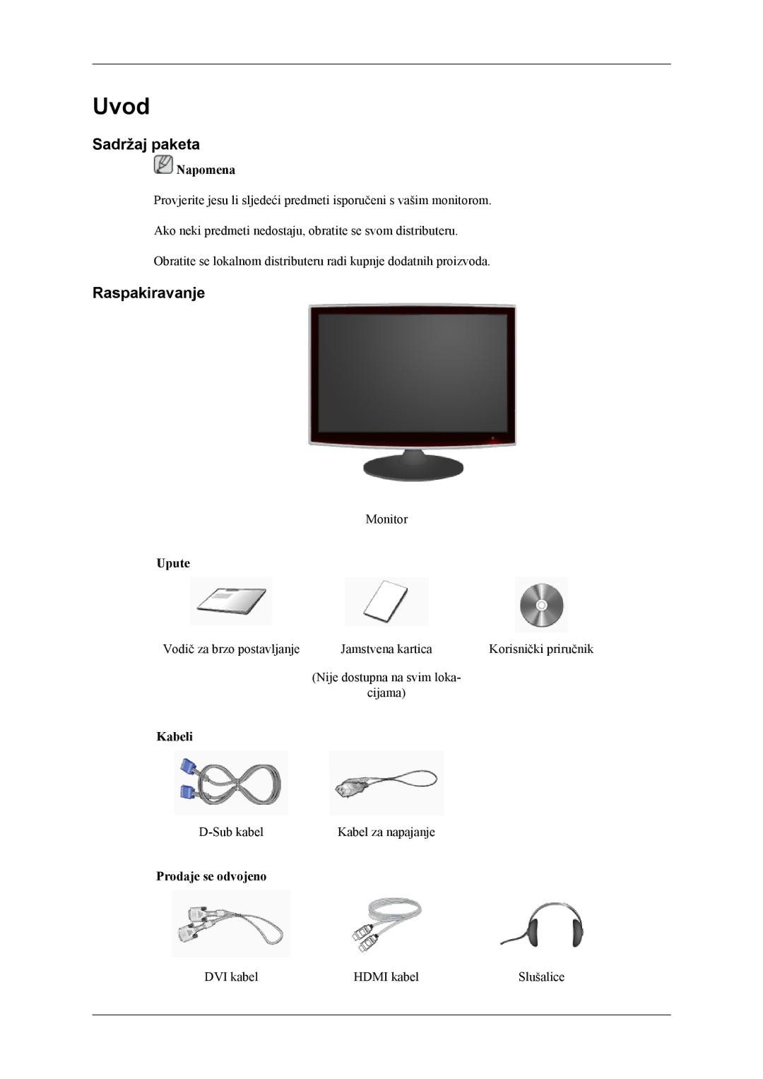 Samsung LS24TWHSUV/EN, LS24TWQSUV/EN, LS26TWQSUV/EN, LS26TWHSUV/EN manual Uvod, Sadržaj paketa, Raspakiravanje 