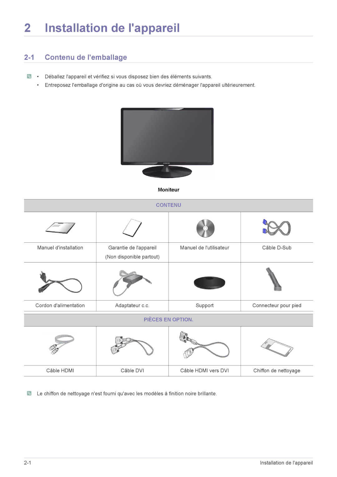 Samsung LS23X3HKFN/EN manual Contenu de lemballage, Adaptateur c.c, Pièces EN Option, Câble DVI Câble Hdmi vers DVI 