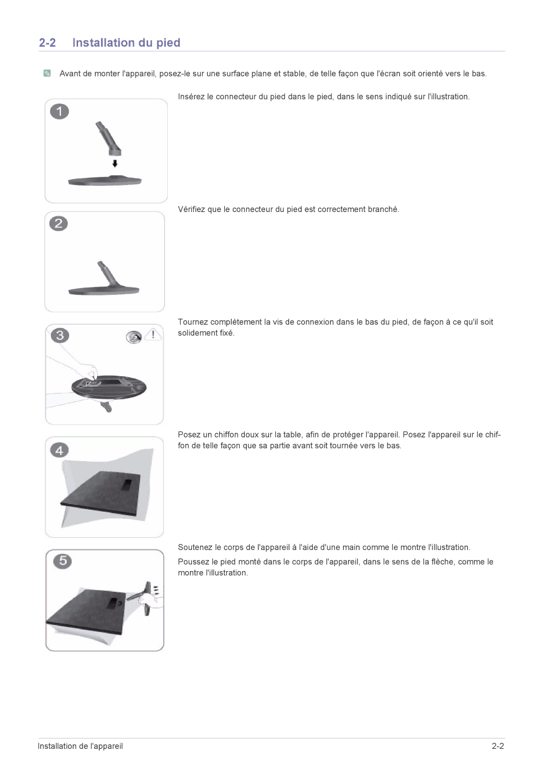 Samsung LS22X3HKFE/EN, LS24X3HKFE/EN, LS24X3HKFN/EN, LS22X3HKFN/EN, LS23X3HKFN/EN manual Installation du pied 