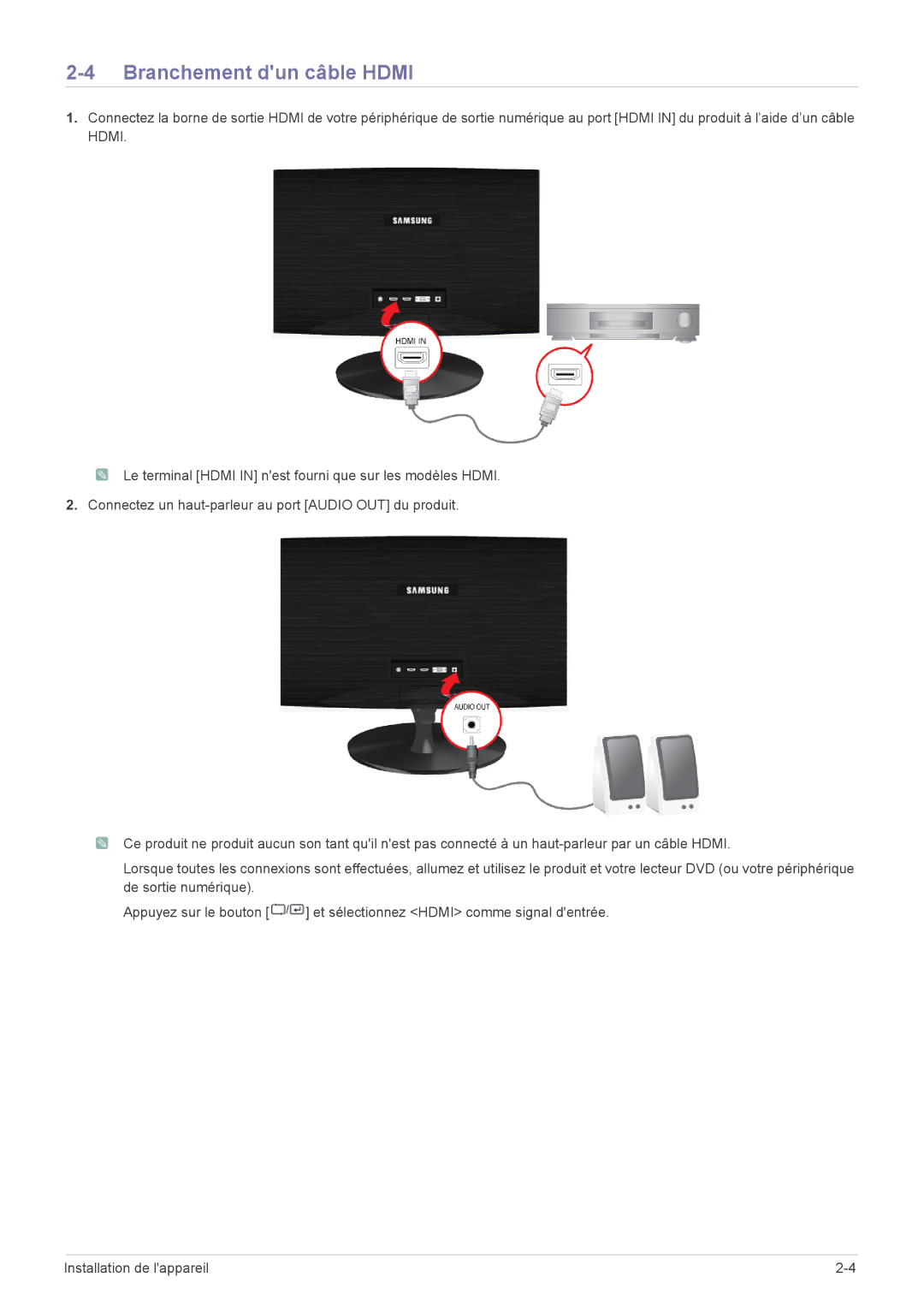 Samsung LS23X3HKFN/EN, LS24X3HKFE/EN, LS24X3HKFN/EN, LS22X3HKFN/EN, LS22X3HKFE/EN manual Branchement dun câble Hdmi 