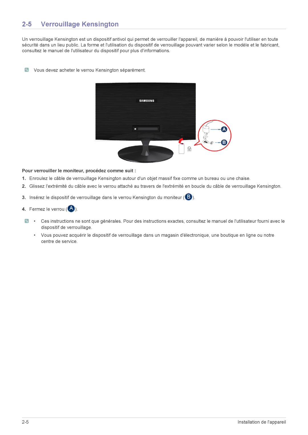 Samsung LS22X3HKFE/EN, LS24X3HKFE/EN manual Verrouillage Kensington, Pour verrouiller le moniteur, procédez comme suit 