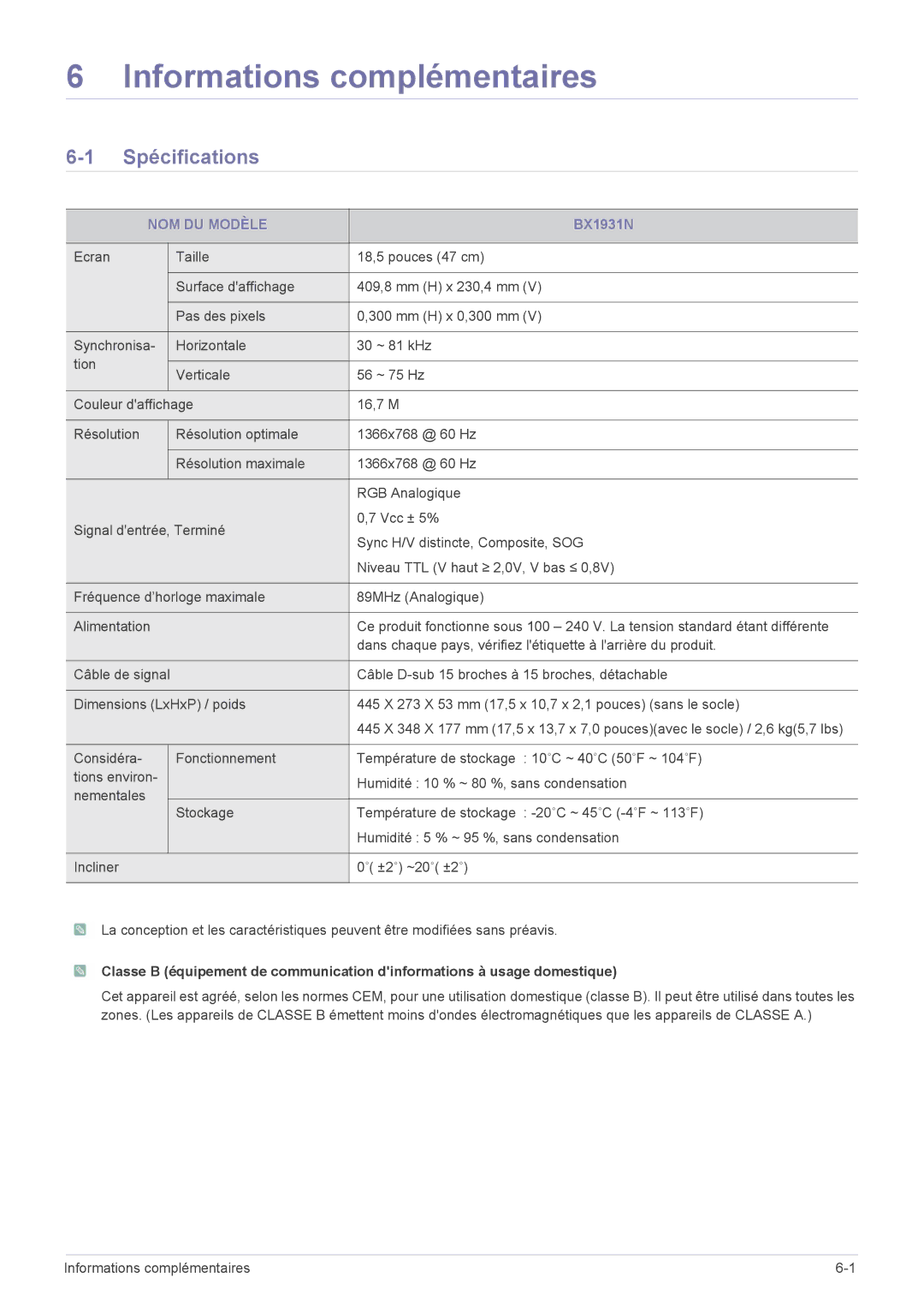 Samsung LS22X3HKFN/EN, LS24X3HKFE/EN, LS24X3HKFN/EN manual Spécifications, NOM DU Modèle, Informations complémentaires 