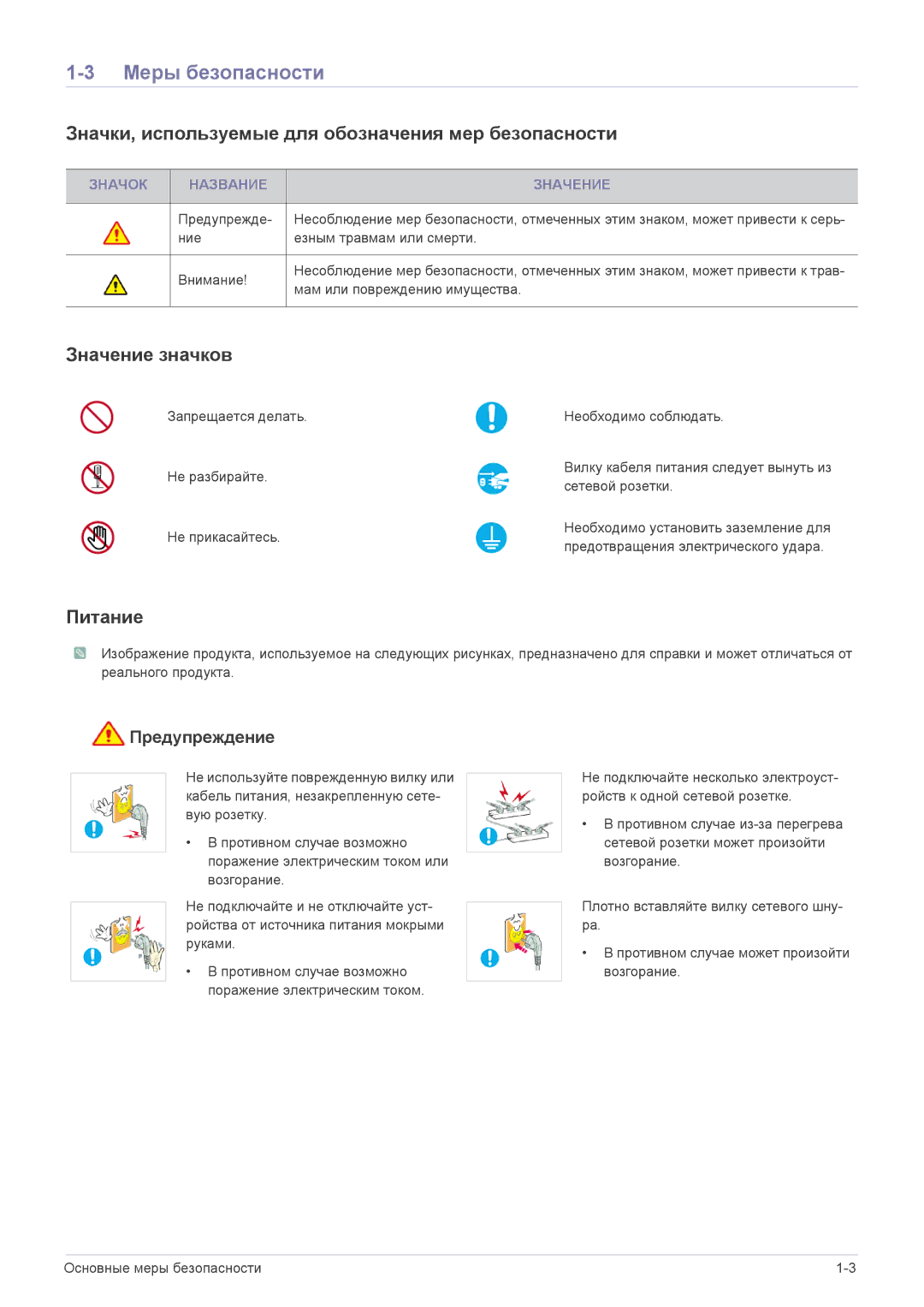 Samsung LS24X3HKFN/EN Меры безопасности, Значки, используемые для обозначения мер безопасности, Значение значков, Питание 