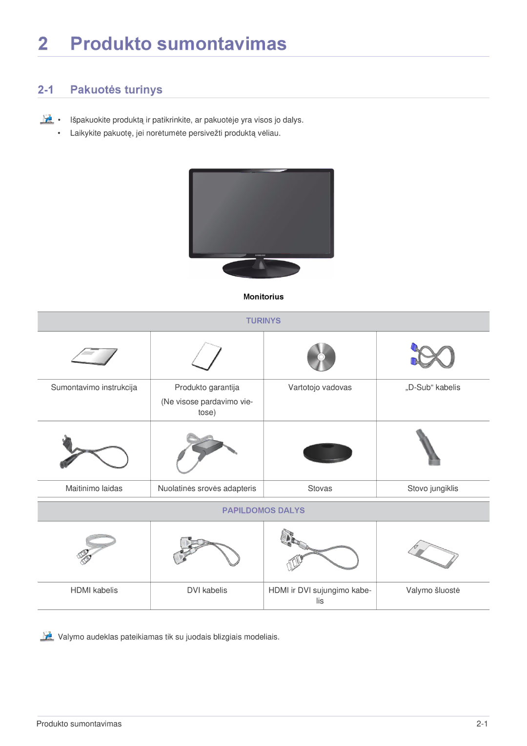 Samsung LS22X3HKFN/EN, LS24X3HKFE/EN, LS24X3HKFN/EN, LS23X3HKFN/EN, LS22X3HKFE/EN Pakuotės turinys, Turinys, Papildomos Dalys 