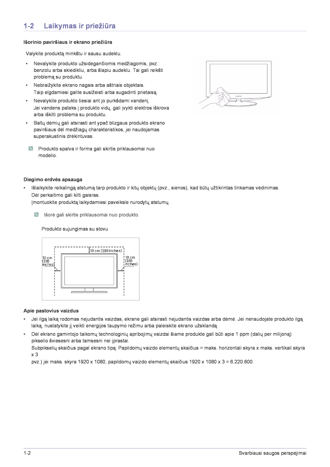 Samsung LS24X3HKFE/EN manual Laikymas ir priežiūra, Išorinio paviršiaus ir ekrano priežiūra, Diegimo erdvės apsauga 