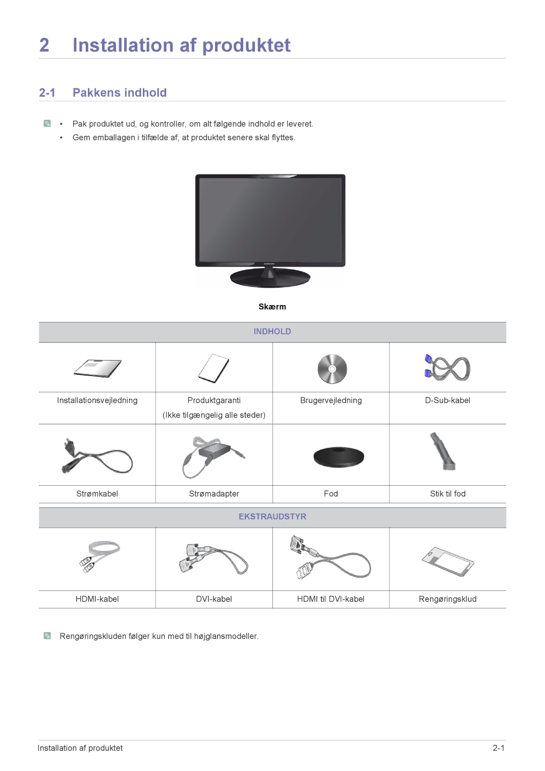 Samsung LS24X3HKFE/EN, LS24X3HKFN/EN, LS23X3HKFN/EN, LS22X3HKFE/EN manual Pakkens indhold, Indhold, Ekstraudstyr 