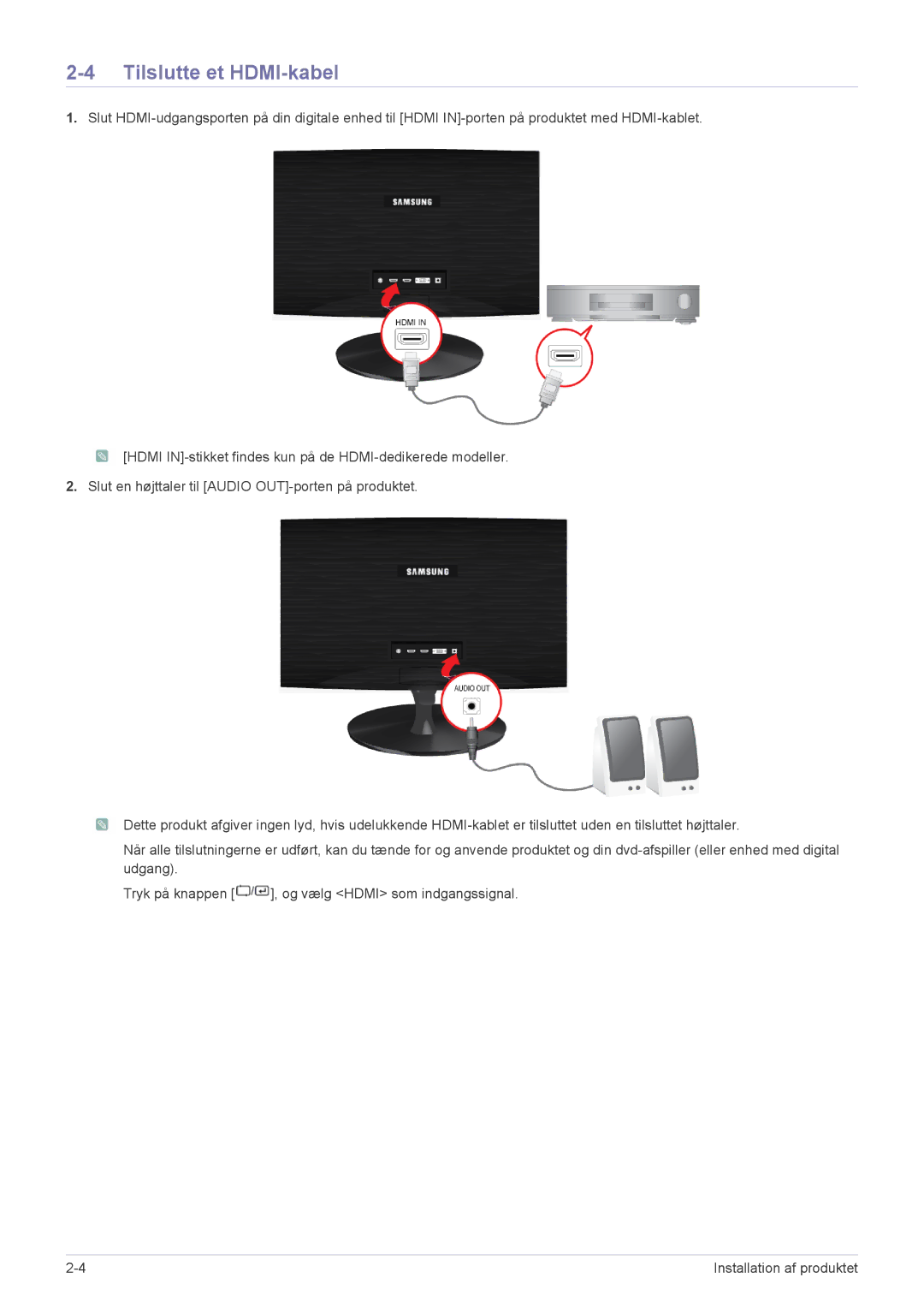 Samsung LS24X3HKFN/EN, LS24X3HKFE/EN, LS23X3HKFN/EN, LS22X3HKFE/EN manual Tilslutte et HDMI-kabel 