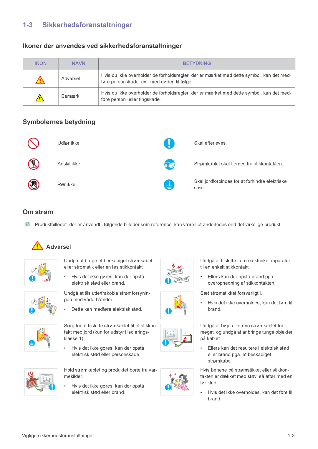 Samsung LS23X3HKFN/EN manual Sikkerhedsforanstaltninger, Ikoner der anvendes ved sikkerhedsforanstaltninger, Om strøm 