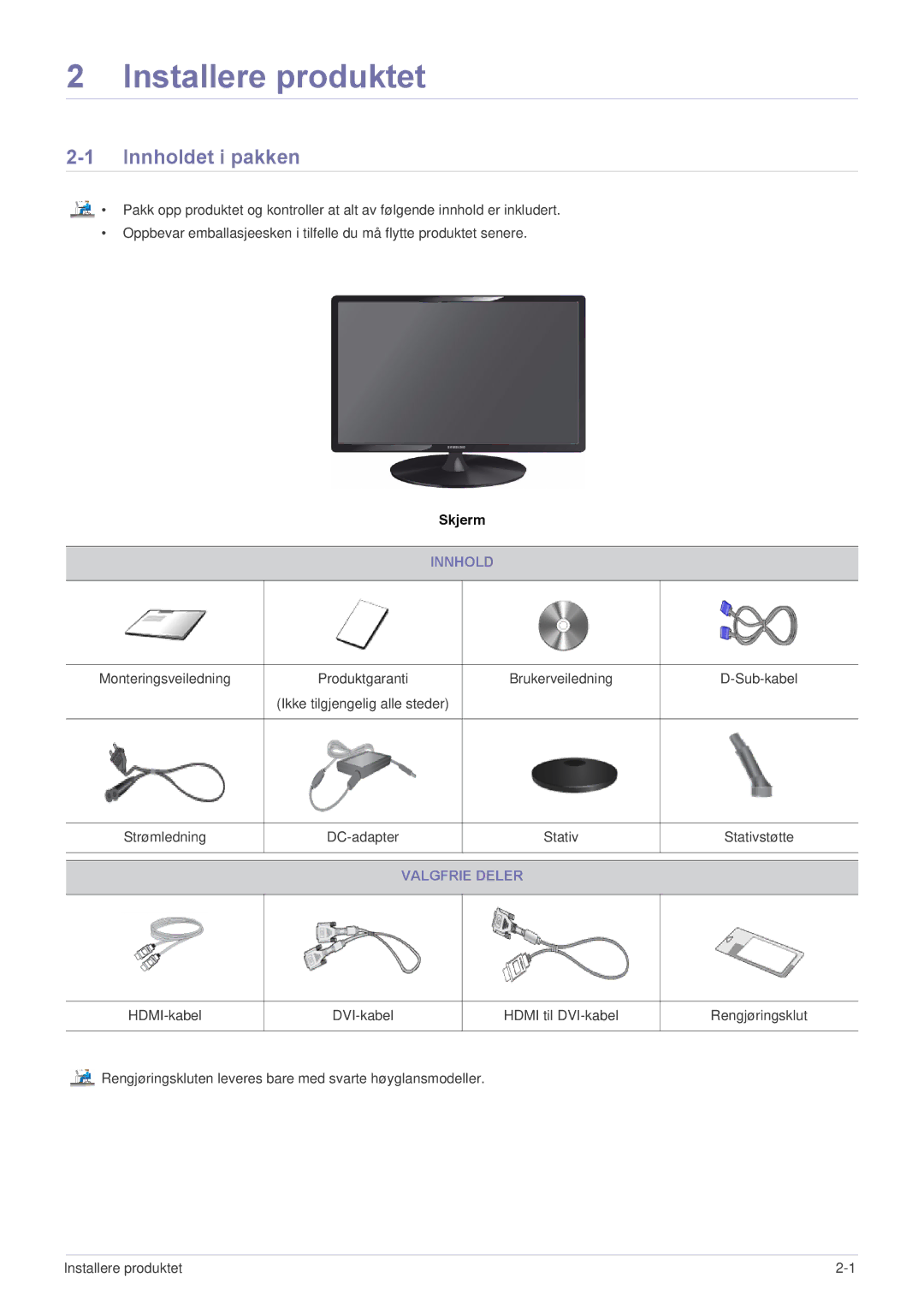 Samsung LS24X3HKFE/EN, LS24X3HKFN/EN, LS23X3HKFN/EN, LS22X3HKFE/EN manual Innholdet i pakken, Valgfrie Deler 