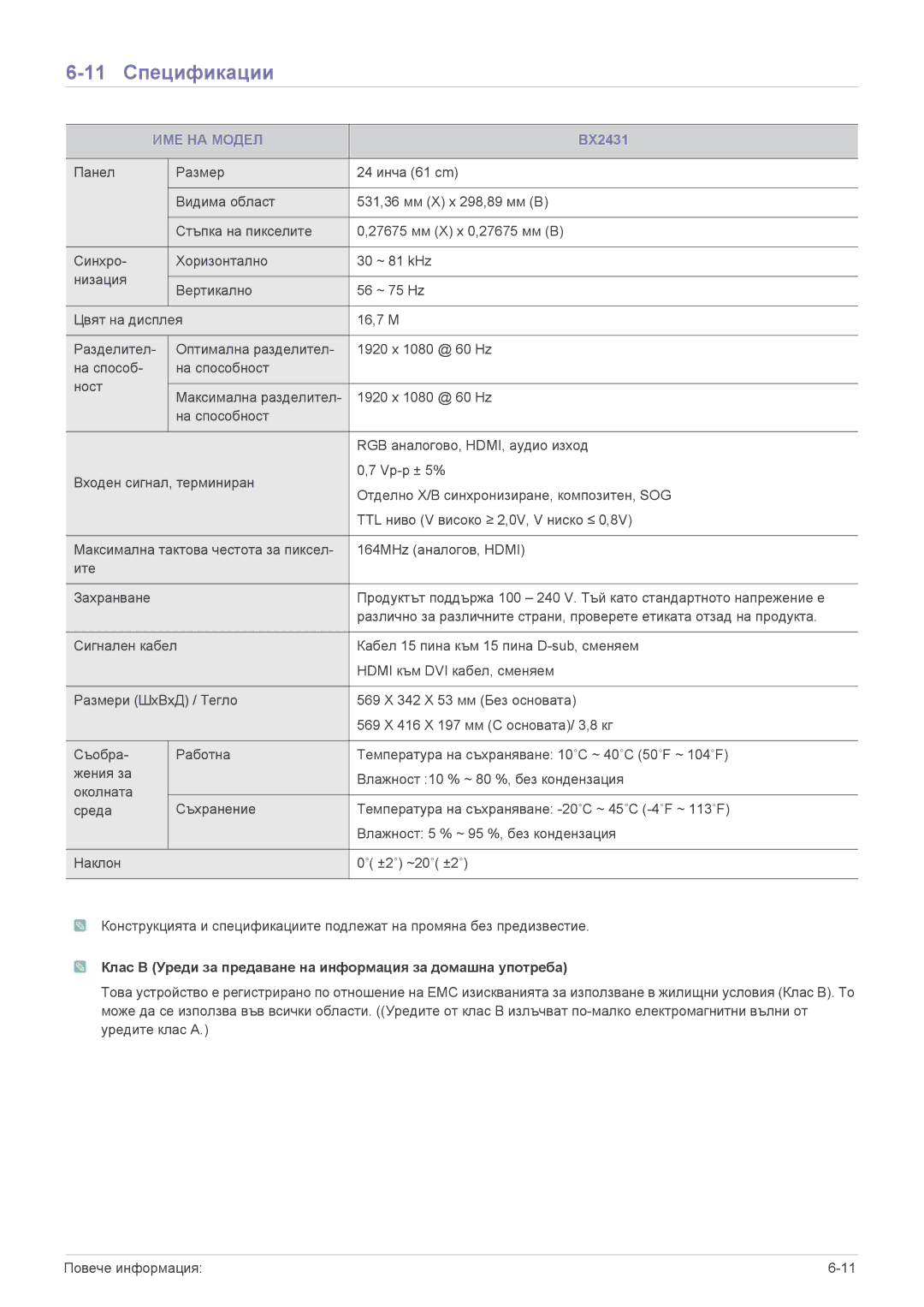 Samsung LS22X3HKFE/EN, LS24X3HKFN/EN, LS22X3HKFN/EN, LS23X3HKFN/EN manual 11 Спецификации, BX2431 