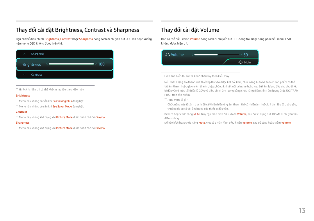 Samsung LS25HG50FQEXXV manual Thay đổi cài đặt Brightness, Contrast và Sharpness, Thay đổi cài đặt Volume 
