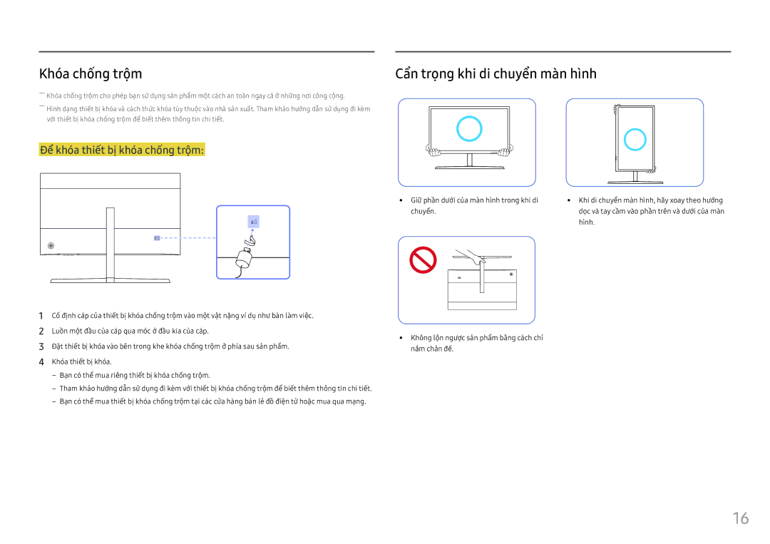 Samsung LS25HG50FQEXXV manual Khó́a chống trộ̣m, Cẩ̉n trọ̣ng khi di chuyển màn hình 