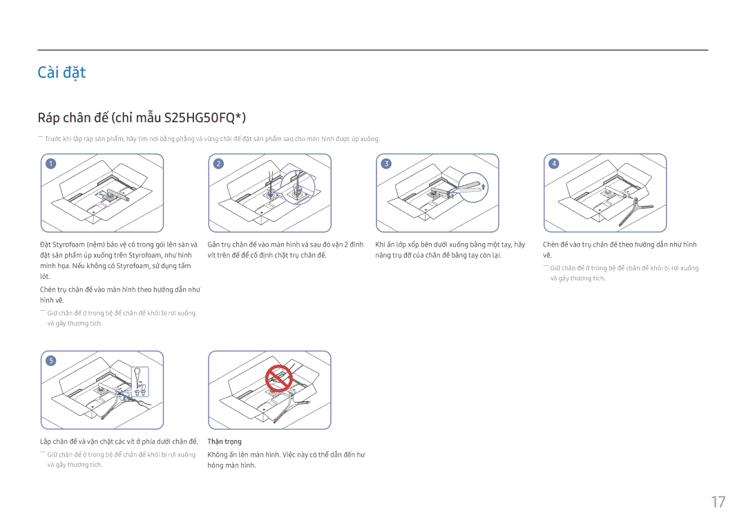 Samsung LS25HG50FQEXXV manual Cài đặt, Ráp chân đế chỉ mẫu S25HG50FQ, Lót, Hỏng màn hình 