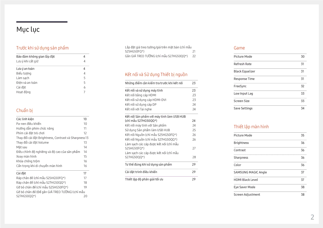 Samsung LS25HG50FQEXXV manual Mục lục 