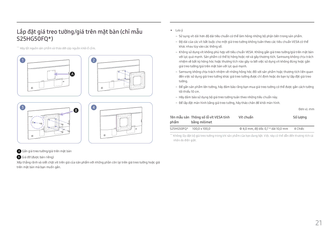 Samsung LS25HG50FQEXXV manual Lắp đặt giá treo tường/gia trên măt ban chỉ mẫu S25HG50FQ 