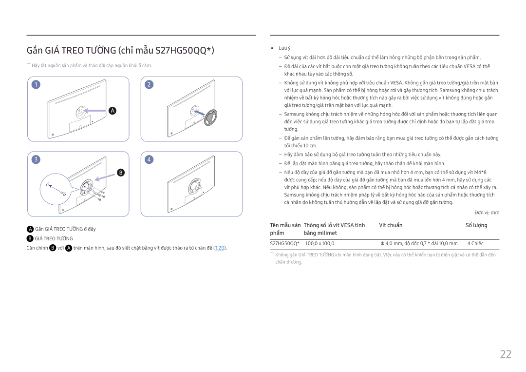 Samsung LS25HG50FQEXXV manual Gắn GIÁ Treo Tường chỉ mẫu S27HG50QQ, Căn chỉnh B vớ́i 