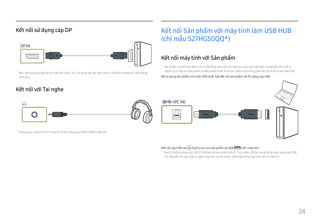 Samsung LS25HG50FQEXXV manual Kết nối sử̉ dụng cáp DP, Kết nối với Tai nghe, Kêt nôi may tính vơi San phẩm 