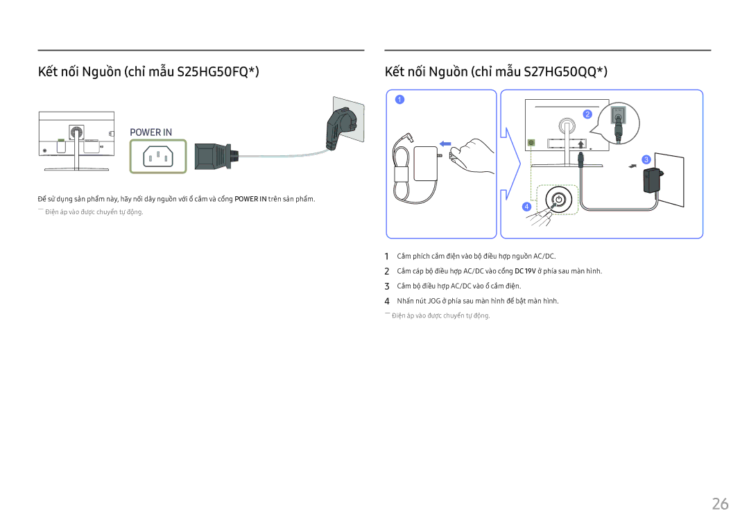 Samsung LS25HG50FQEXXV manual Kết nối Nguồn chỉ mẫu S25HG50FQ, Kết nối Nguồn chỉ mẫu S27HG50QQ 