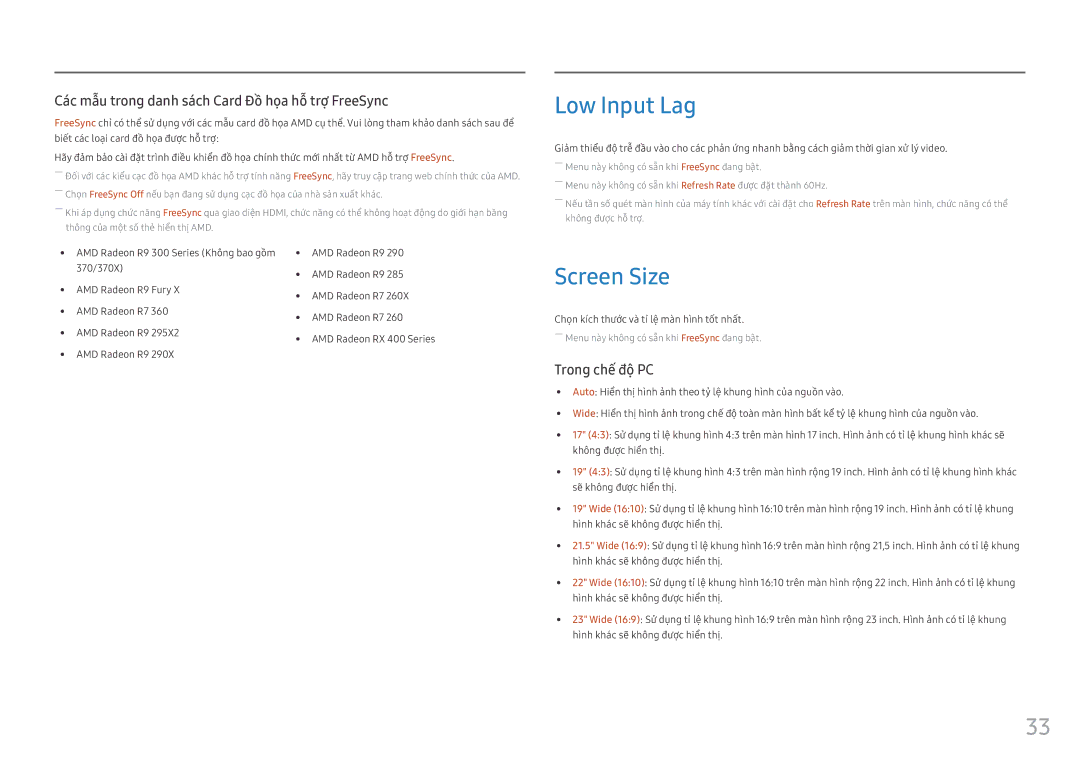 Samsung LS25HG50FQEXXV manual Low Input Lag, Screen Size, Chọn kí́ch thướ́c và̀ tỉ lệ̣ mà̀n hì̀nh tố́t nhấ́t 
