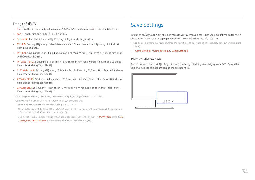 Samsung LS25HG50FQEXXV manual Save Settings, Phí́m cài đặt trò chơi 