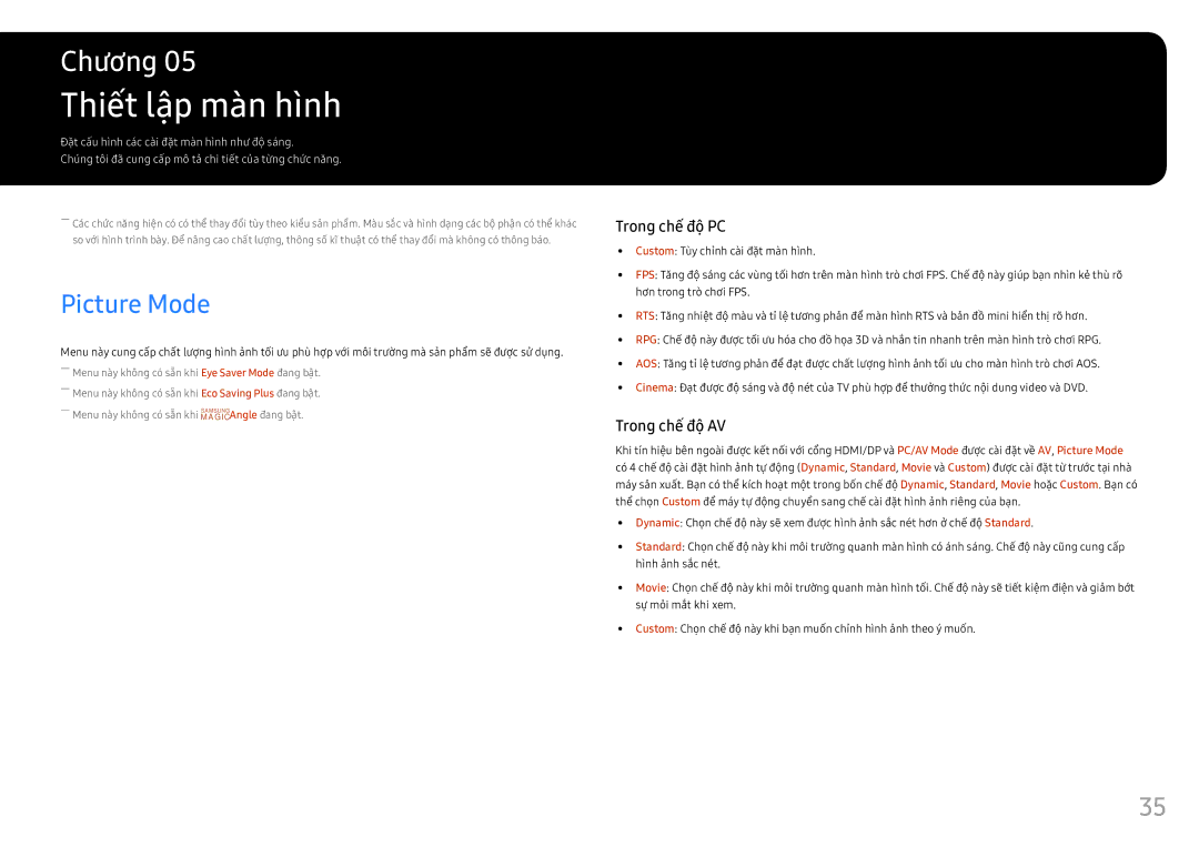 Samsung LS25HG50FQEXXV manual Thiêt lập man hinh, Picture Mode 