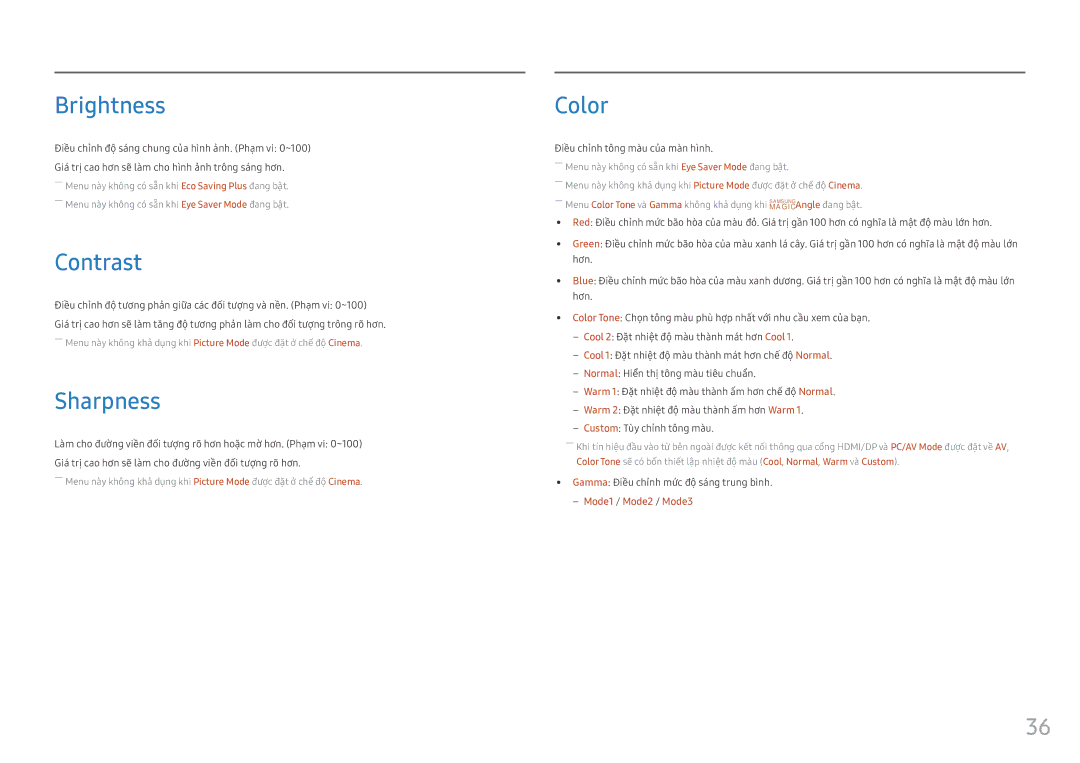 Samsung LS25HG50FQEXXV manual Brightness, Contrast, Sharpness, Color, Điều chinh tông màu của màn hình 