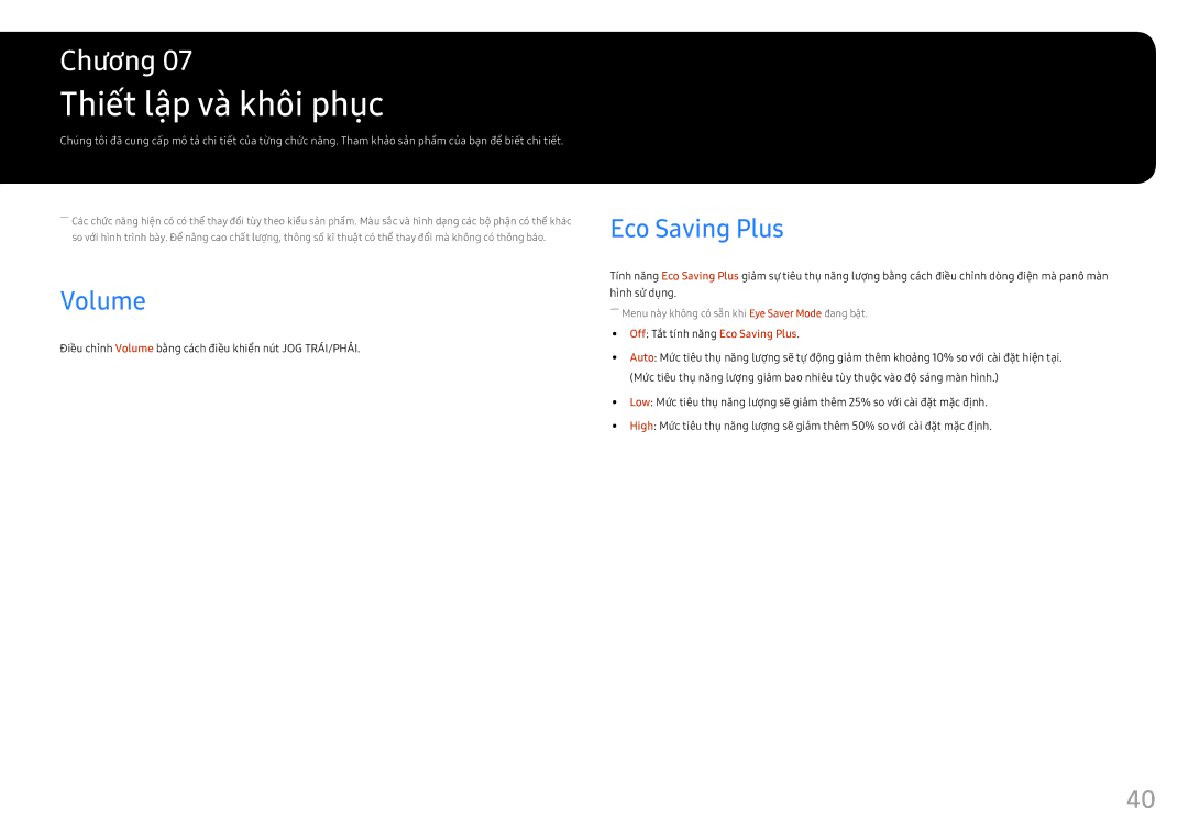 Samsung LS25HG50FQEXXV manual Thiêt lập va khôi phuc, Volume, Eco Saving Plus 