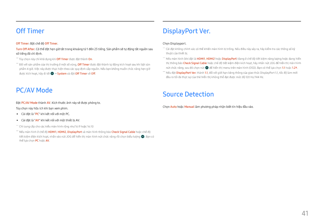 Samsung LS25HG50FQEXXV manual Off Timer, DisplayPort Ver, PC/AV Mode, Source Detection, Chọn Displayport 