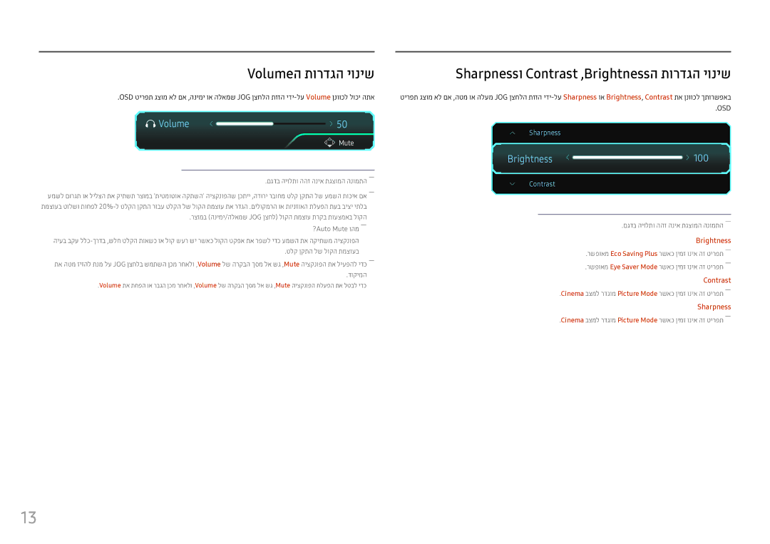 Samsung LS25HG50FQMXCH manual Volumeה תורדגה יוניש, Sharpnessו Contrast ,‏Brightnessה תורדגה יוניש 