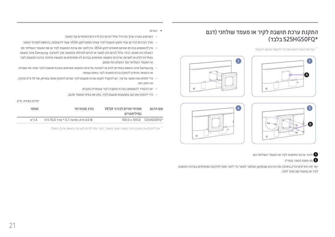 Samsung LS25HG50FQMXCH manual רפסמ יטרדנטס גרוב, םגדה םש, םירטמילימב, Vesa יגרובל םירוח יטרפמ 