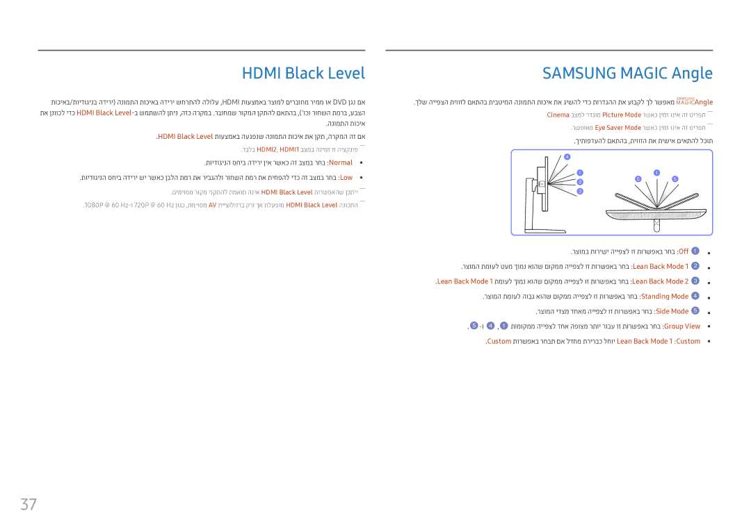 Samsung LS25HG50FQMXCH manual Hdmi Black Level, Samsung Magic Angle, תוידוגינה סחיב הדירי ןיא רשאכ הז בצמב רחב Normal 