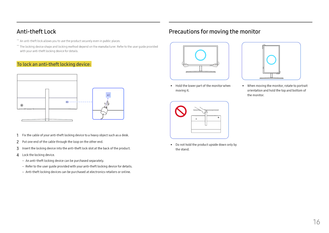 Samsung LS25HG50FQUXEN, LS25HG50FQEXXV, LS25HG50FQIXCI, LS25HG50FQMXCH Anti-theft Lock, Precautions for moving the monitor 