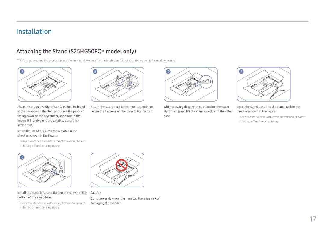 Samsung LS25HG50FQEXXV, LS25HG50FQUXEN, LS25HG50FQIXCI manual Installation, Attaching the Stand S25HG50FQ* model only 