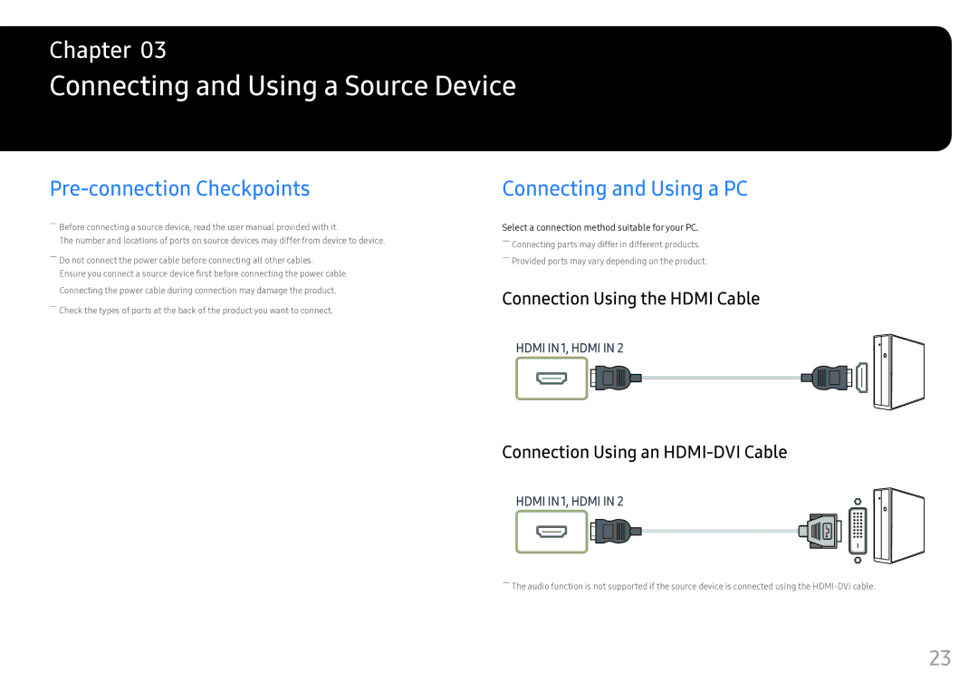 Samsung LS25HG50FQMXCH manual Connecting and Using a Source Device, Pre-connection Checkpoints, Connecting and Using a PC 