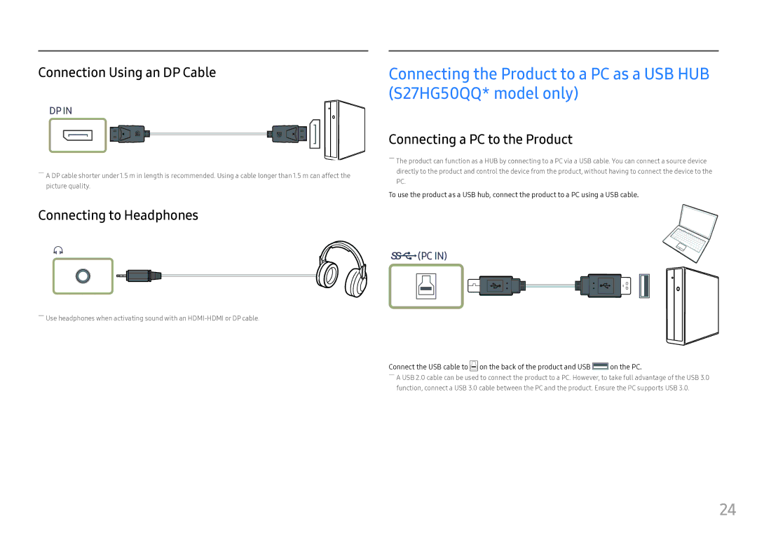 Samsung LS25HG50FQUXEN manual Connection Using an DP Cable, Connecting to Headphones, Connecting a PC to the Product 