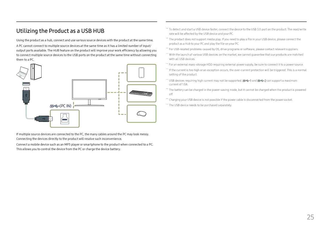 Samsung LS25HG50FQEXXV, LS25HG50FQUXEN, LS25HG50FQIXCI, LS25HG50FQMXCH manual Utilizing the Product as a USB HUB 