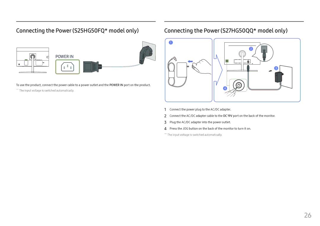 Samsung LS25HG50FQIXCI manual Connecting the Power S25HG50FQ* model only, Connecting the Power S27HG50QQ* model only 