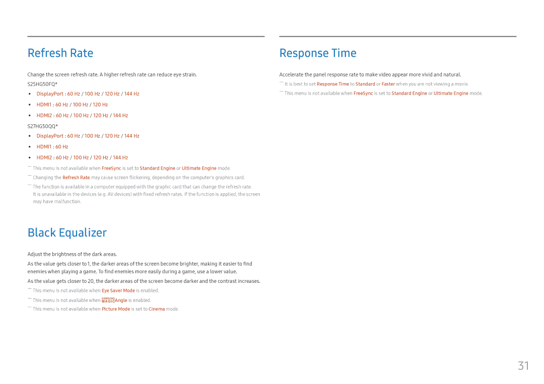 Samsung LS25HG50FQMXCH manual Refresh Rate, Black Equalizer, Response Time, Adjust the brightness of the dark areas 