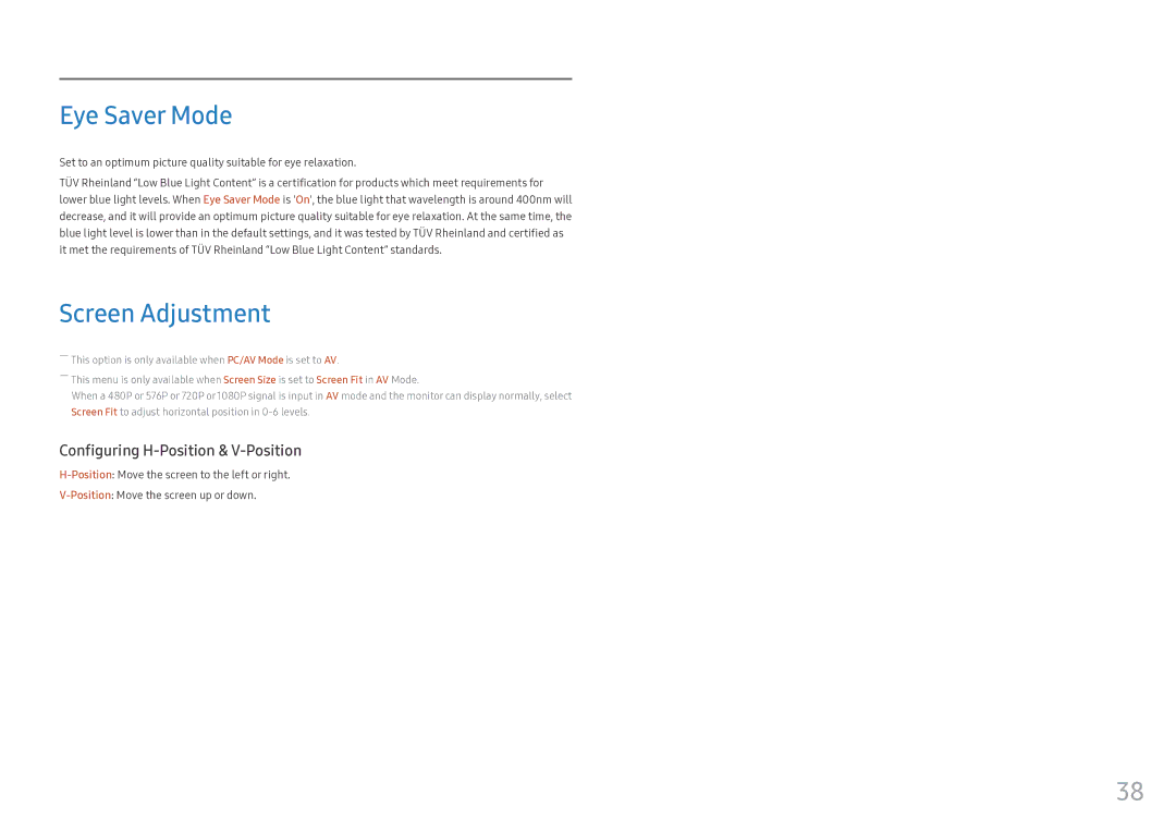 Samsung LS25HG50FQIXCI, LS25HG50FQUXEN, LS25HG50FQEXXV, LS25HG50FQMXCH manual Eye Saver Mode, Screen Adjustment 