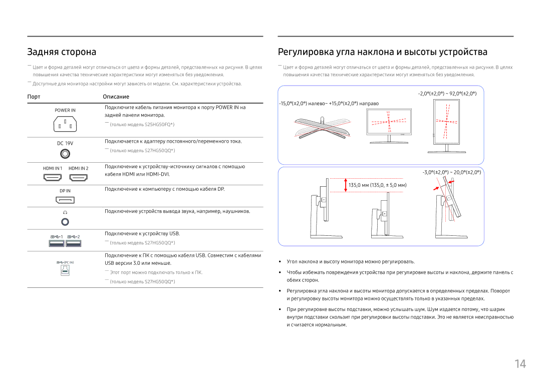 Samsung LS25HG50FQUXEN, LS25HG50FQIXCI manual Задняя сторона, Регулировка угла наклона и высоты устройства, Порт 