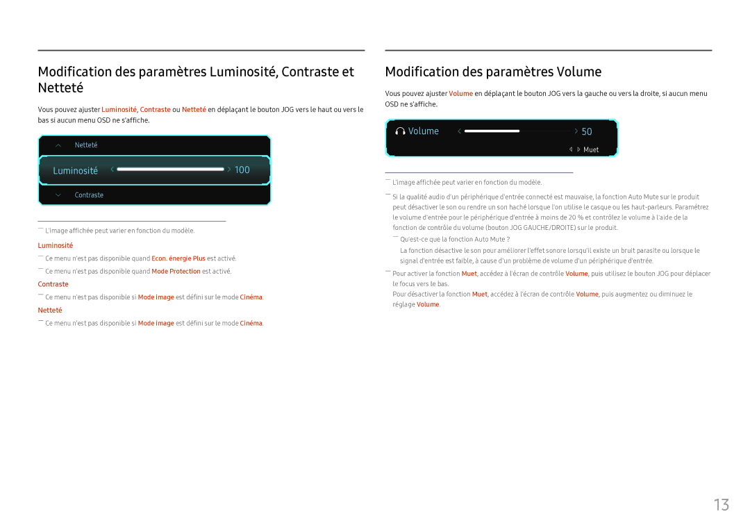 Samsung LS25HG50FQUXEN Modification des paramètres Luminosité, Contraste et Netteté, Modification des paramètres Volume 