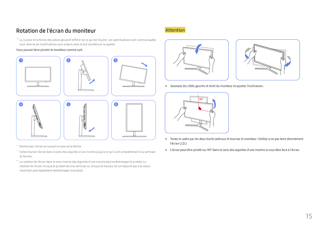 Samsung LS25HG50FQUXEN manual Rotation de lécran du moniteur, Vous pouvez faire pivoter le moniteur comme suit 