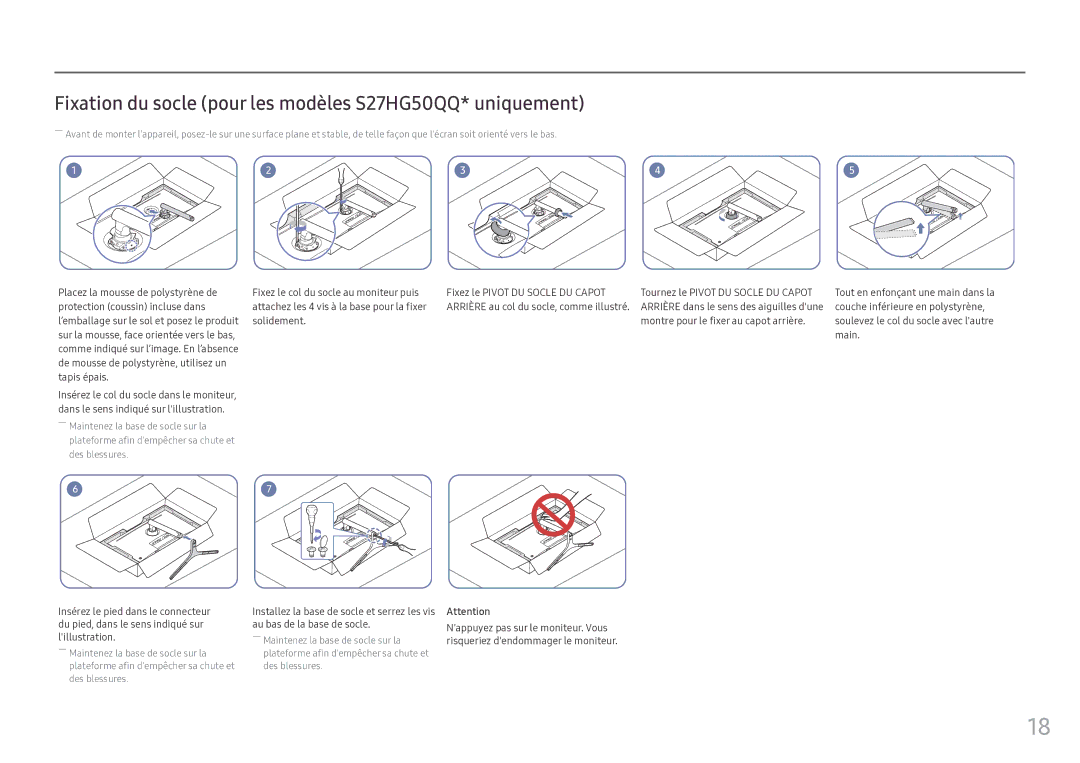 Samsung LS25HG50FQUXEN manual Fixation du socle pour les modèles S27HG50QQ* uniquement 