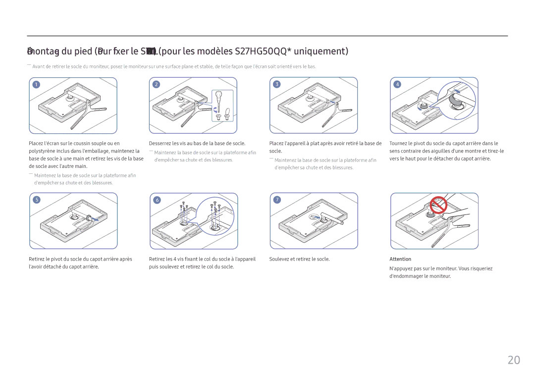 Samsung LS25HG50FQUXEN manual Placez lappareil à plat après avoir retiré la base de socle 