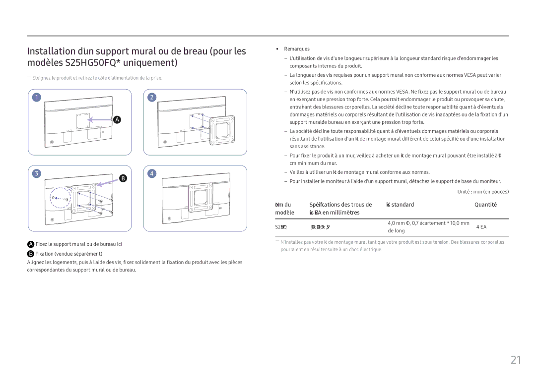 Samsung LS25HG50FQUXEN manual Unité mm en pouces 