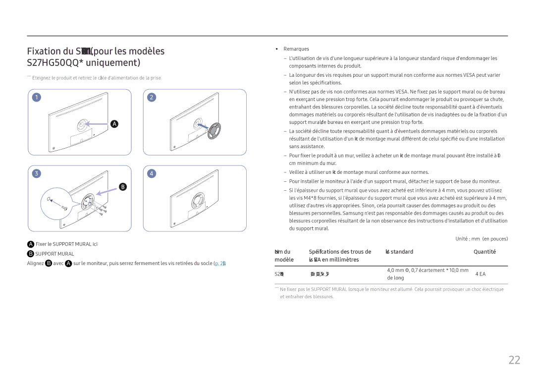 Samsung LS25HG50FQUXEN manual Support Mural, Alignez B avec 