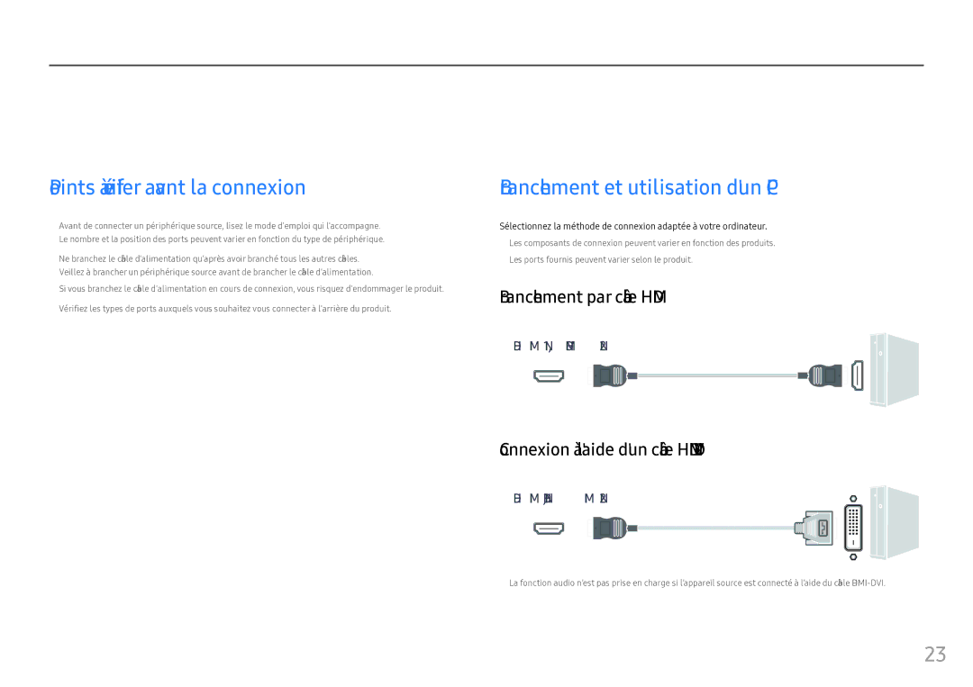 Samsung LS25HG50FQUXEN manual Connexion et utilisation dun périphérique source, Points à vérifier avant la connexion 