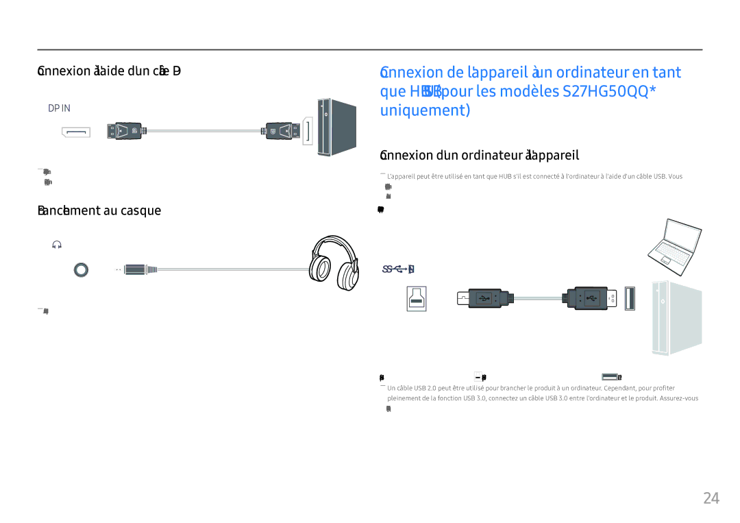 Samsung LS25HG50FQUXEN manual Connexion à laide dun câble DP, Branchement au casque, Connexion dun ordinateur à lappareil 