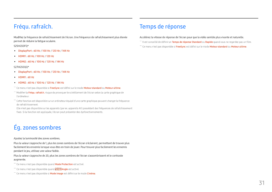 Samsung LS25HG50FQUXEN manual Fréqu. rafraîch, Ég. zones sombres, Temps de réponse 
