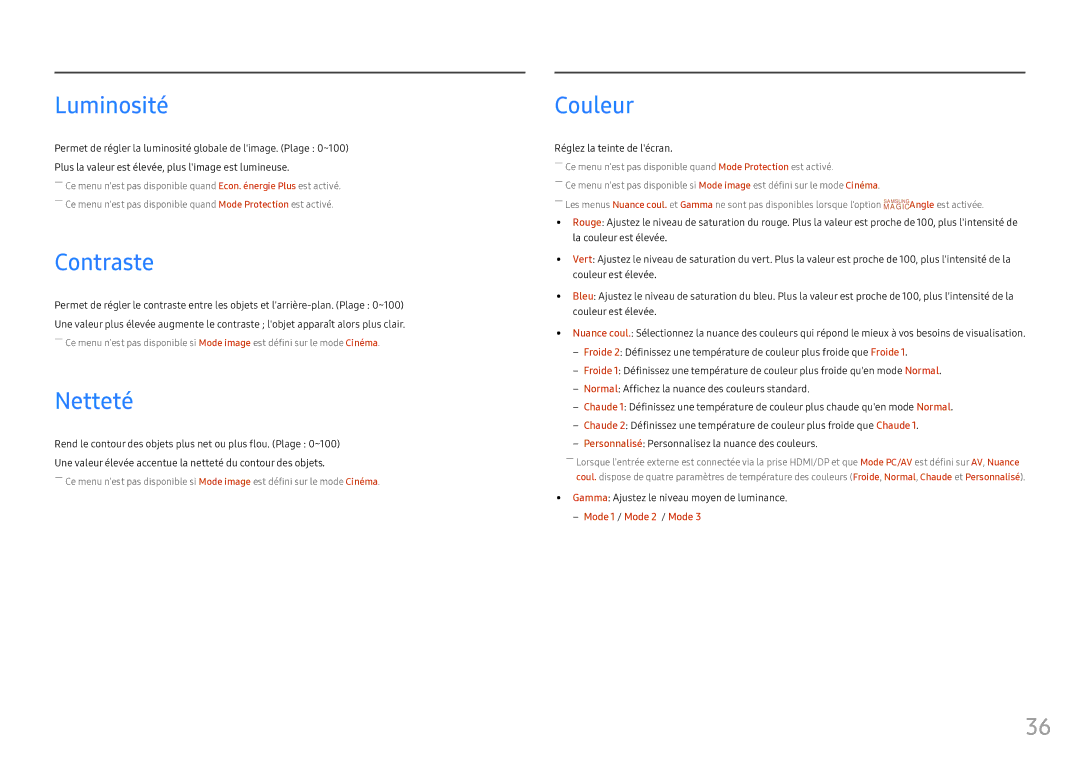 Samsung LS25HG50FQUXEN manual Luminosité, Contraste, Netteté, Couleur 